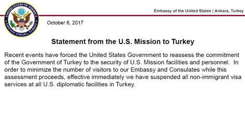 美宣布暂停土耳其签证服务 土立即如法炮制发