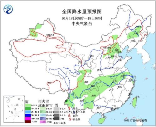 天下降水量预告图(10月18日08时-19日08时)