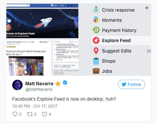 Facebook向桌面用户推以探索为重点Explore F