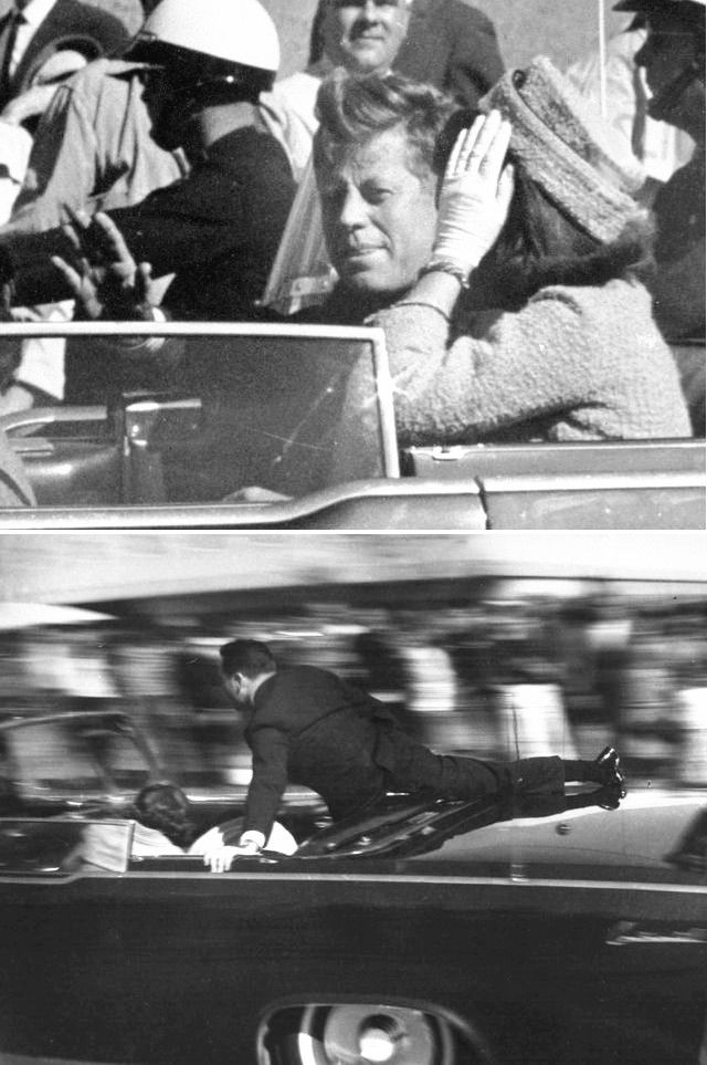 1963年11月22日，美国总统肯尼迪在达拉斯遇刺。上图为遇刺前一分钟肯尼迪（中）坐在敞篷车内向民众致意；下图敞篷车快速驶向医院。（新华/美联）