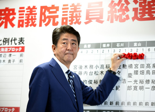 资料图片：10月22日，在日本东京自民党总部，日本首相、自民党总裁安倍晋三为当选议员贴花。