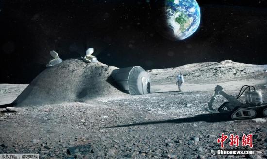 资料图：2017年9月25日消息，欧洲航天局9月22日发布3D打印月球基地效果图。预计到2040年，将有100人生活在月球上，融冰为水，3d打印房屋和生活工具，在月球土壤中种植植物。