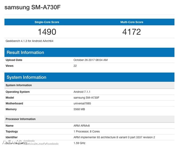 三星Galaxy A7（2018）现身GeekBench跑分数据库