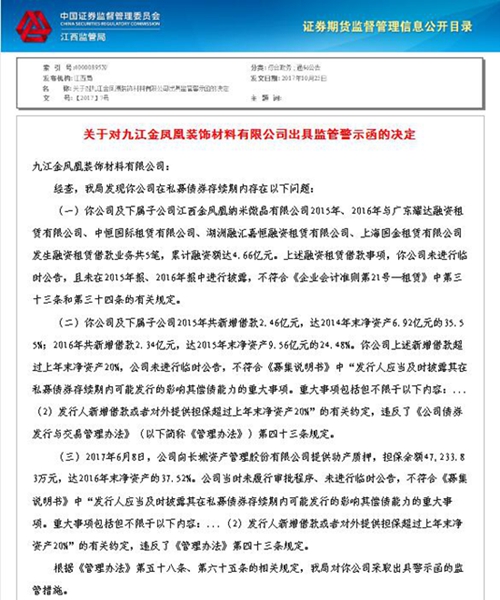九江金凤凰装饰材料有限公司因违规被江西证监局警示