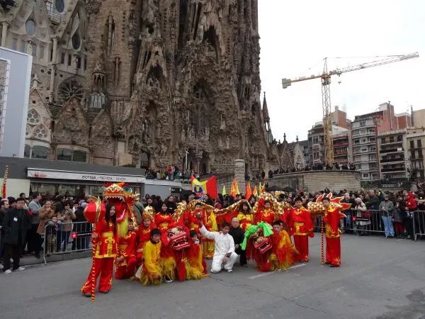 ▲资料图片：西班牙巴塞罗那当地华人进行舞狮表演，庆祝春节。