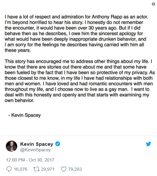 凯文·史派西对性侵事件的回应并宣布出柜