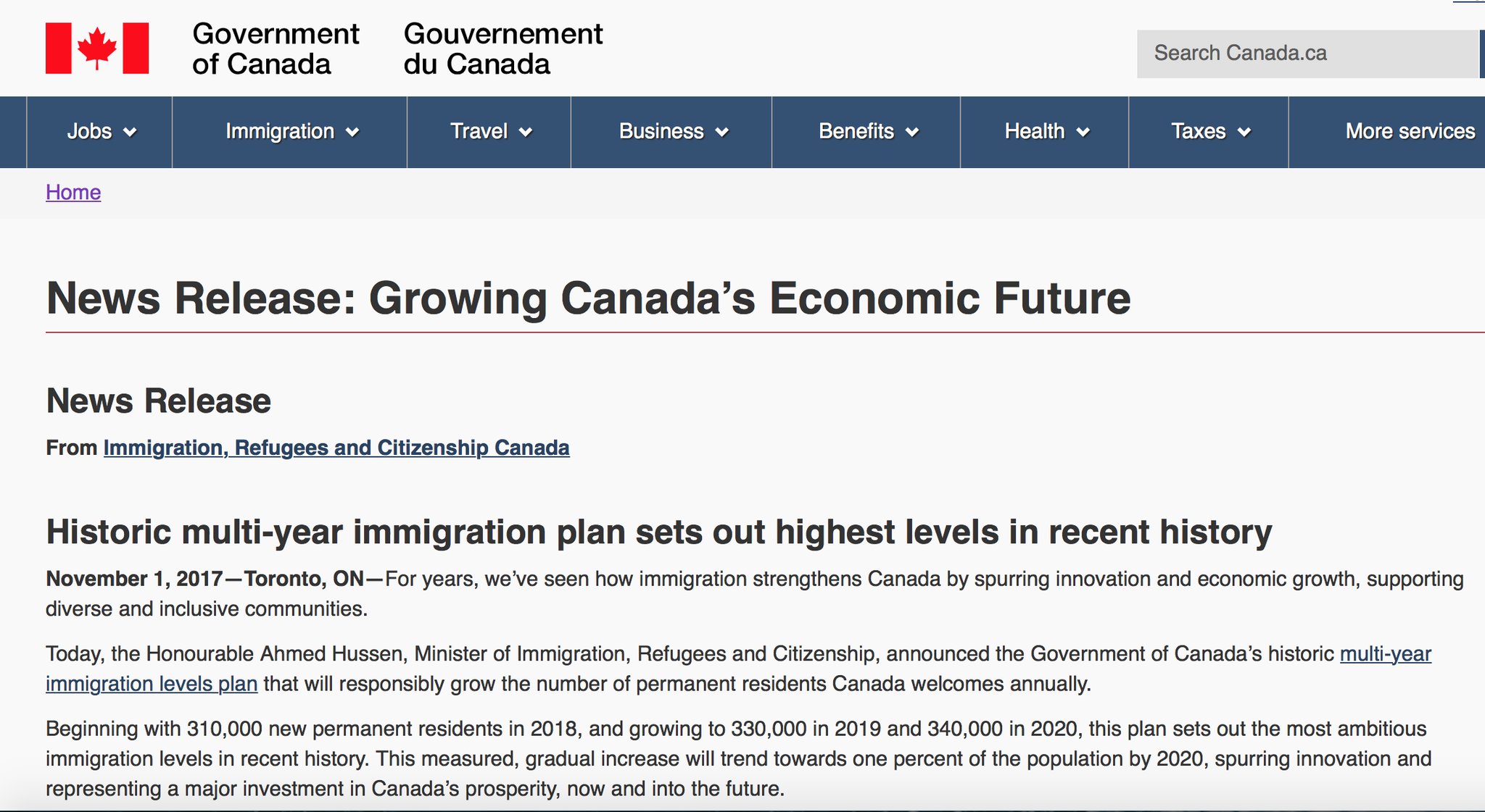 加拿大宣布百万移民计划 主要利好经济类别移