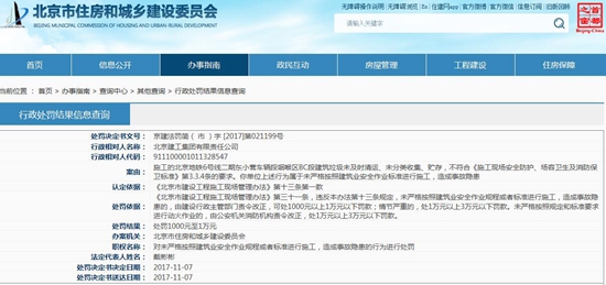 北京建工集团有限责任公司因违规施工被北京市