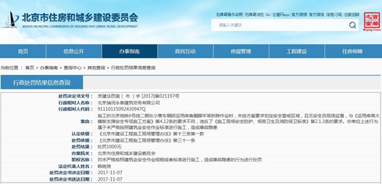 北京瑞闵永泰建筑劳务有限公司因违规施工被北