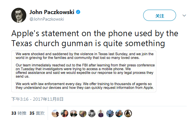 苹果公司称就解锁德州教堂枪击案枪手iPhone一事已立即联系FBI