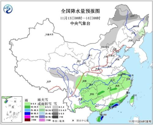 图3 全国降水量预报图(13日08时-14日08时)