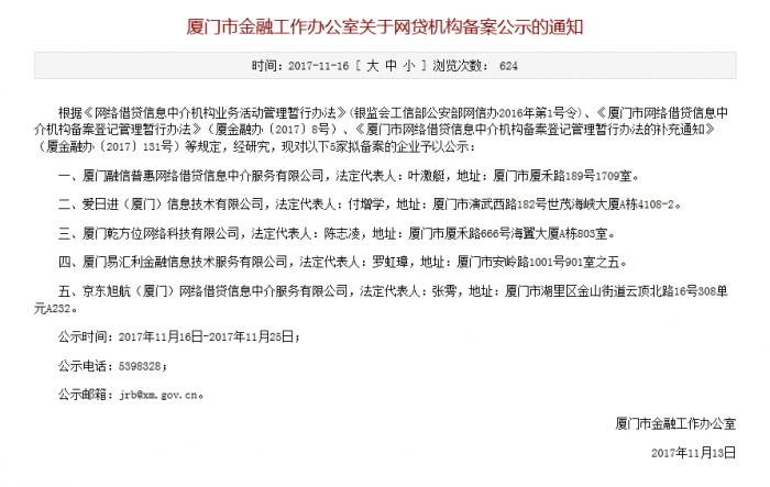 厦门金融办公示5家拟备案P2P平台,京东在列(