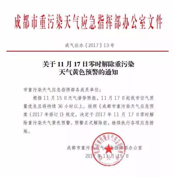 17日零时解除重污染天气黄色预警 ,恢复二、三