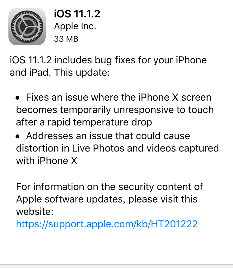 苹果发布 iOS 11.1.2 解决 iPhone X 冷天触控失