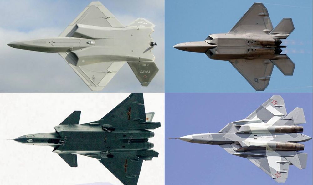 YF-23（左上）、F-22（右上）、歼-20（左下）苏-57（右下）