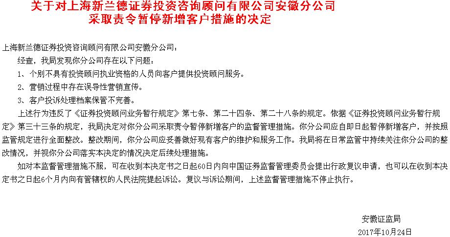 新兰德安徽多项业务违规 被证监局责令