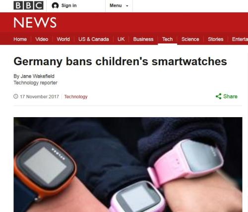 据英BBC报道,德国联邦收集局禁止在该国发卖儿童智妙手表。来源:BBC官网截图。