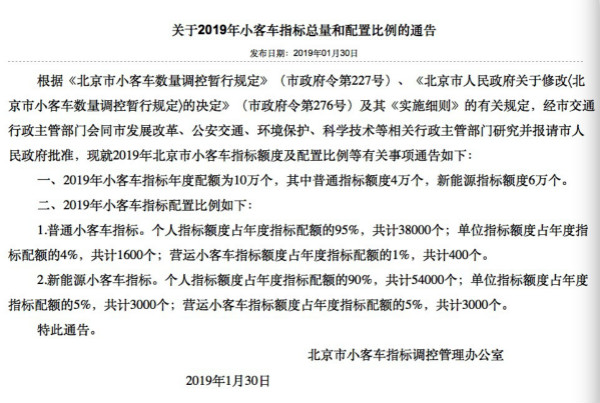今年北京小客车指标总量与去年持平，新能源车牌仍需等八年