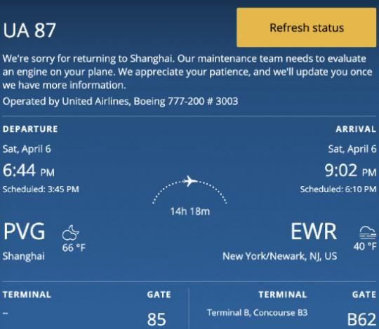 图说：该航班目前已经返航。来源：flightradar24