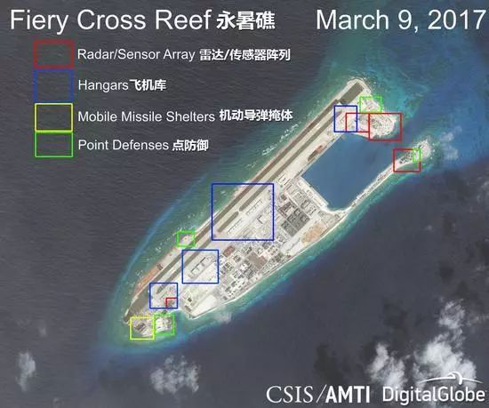 ▲永暑礁，摄于2017年3月9日（图片来自AMTI网站，观察者网中文标注）