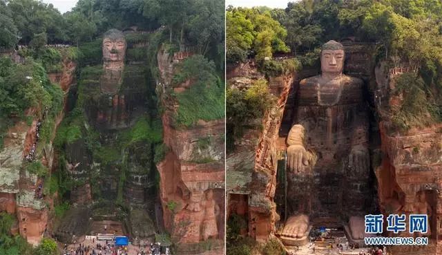 ▲修复前后的乐山大佛对比图(新华社)