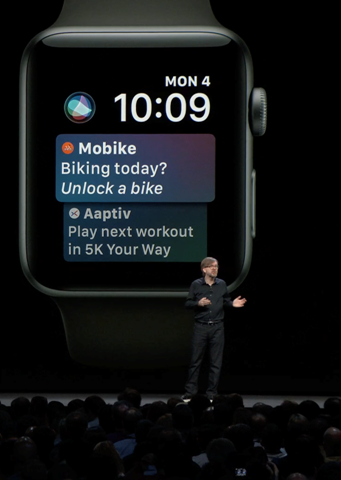 苹果副总裁凯文·林奇介绍Apple watch快捷键解锁摩拜单车