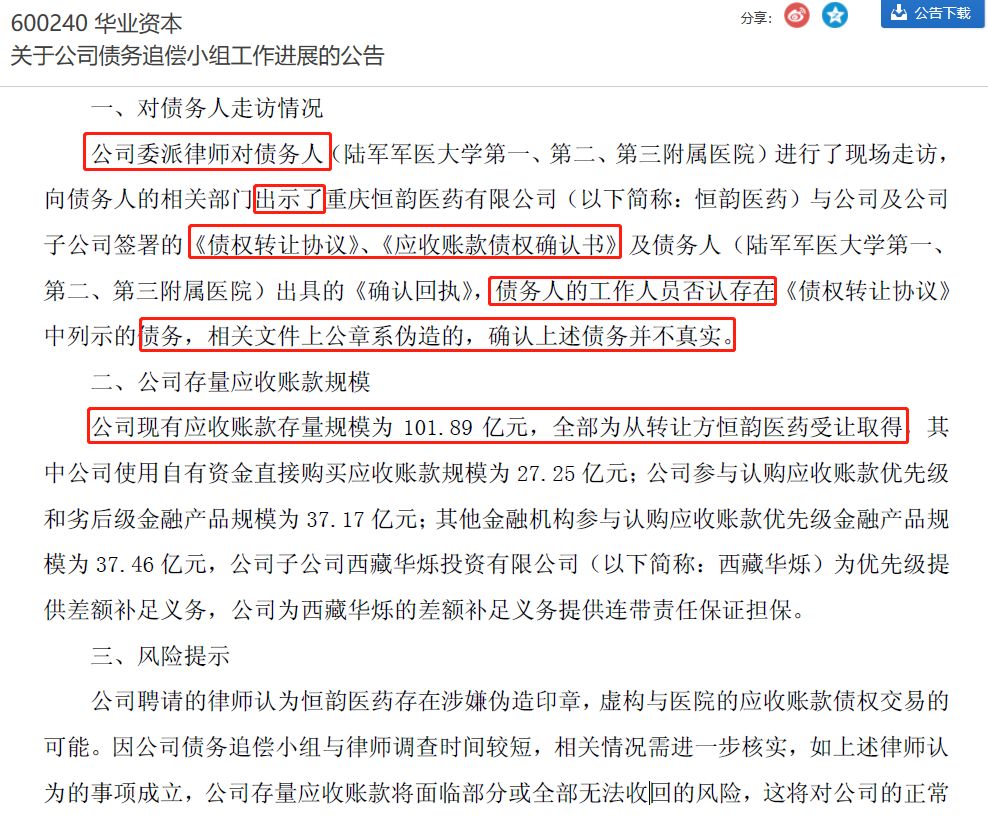 图2:华业资本发现债务系伪造的公告