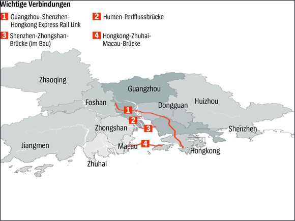 珠三角地区的四条重要的交通干线:1 广深港高铁 2 虎门大桥 3 深圳中山大桥(在建) 4 港珠澳大桥