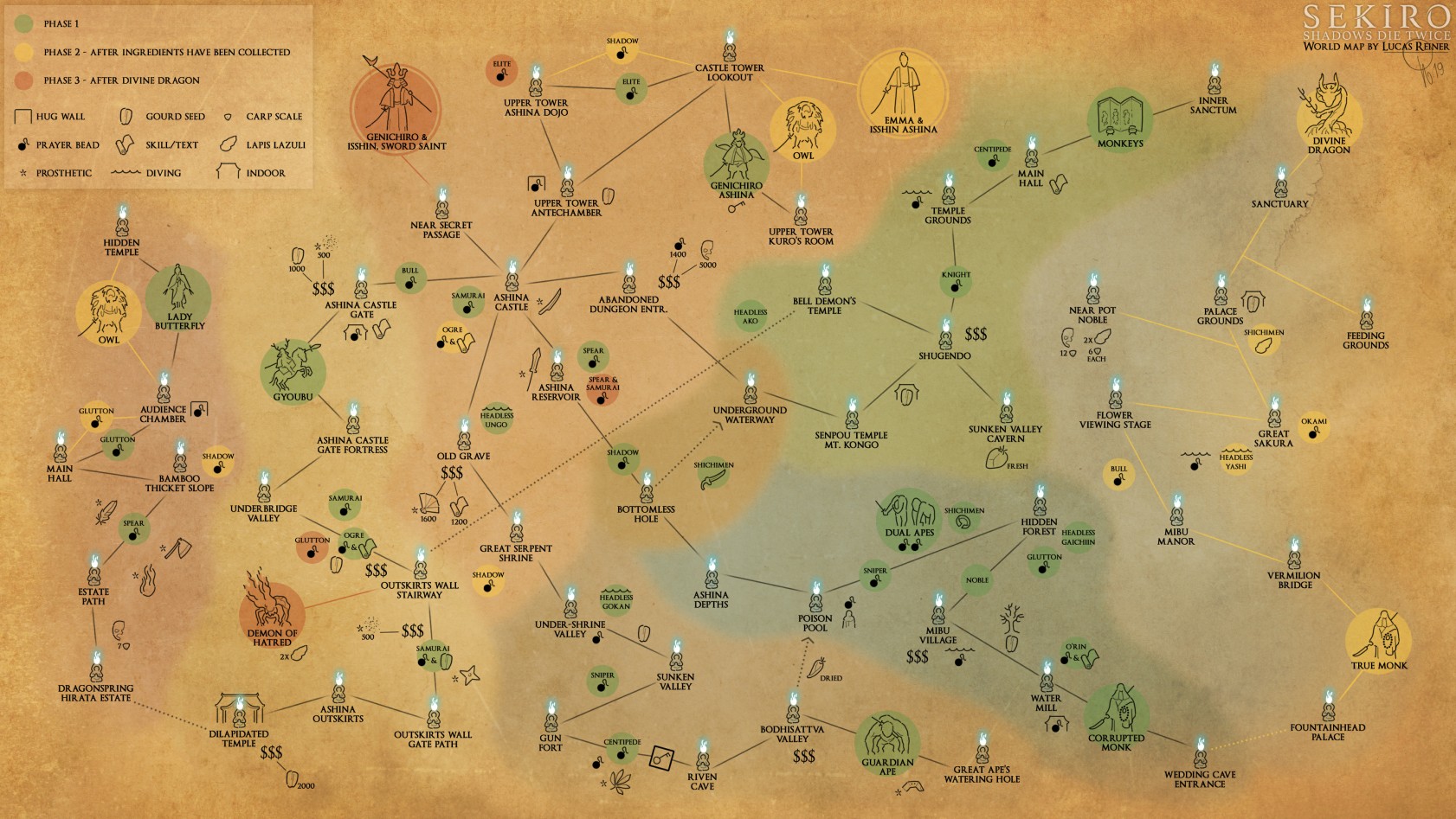 大神自制《只狼》地图 标出全部BOSS佛渡道具和事件