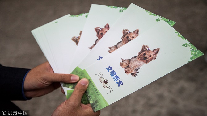 　　▲2018年11月15日上午10点，杭州西湖区北山中队城管执法人员发放文明养犬宣传手册。图片来自视觉中国