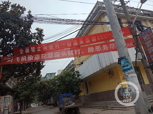 6月9日，河南罗山县彭新镇上，打击飞机盗窃的标语随处可见。