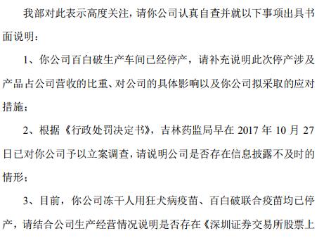 长生生物再收深交所关注函 要求说明停产涉及