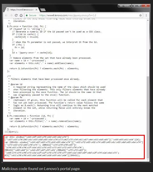 外媒展示联想网站上的恶意代码