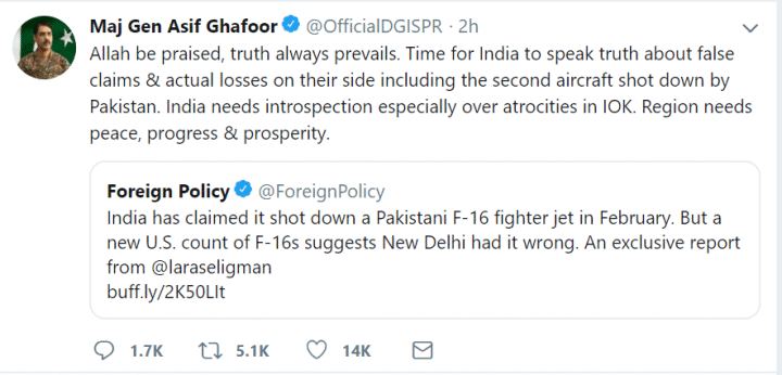 (巴基斯坦军方发言人Maj Gen Asif Ghafoor推特截图)