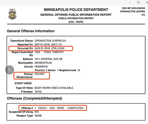 警方报告记录称,刘强东被怀疑卷入的犯罪行为是强奸罪。