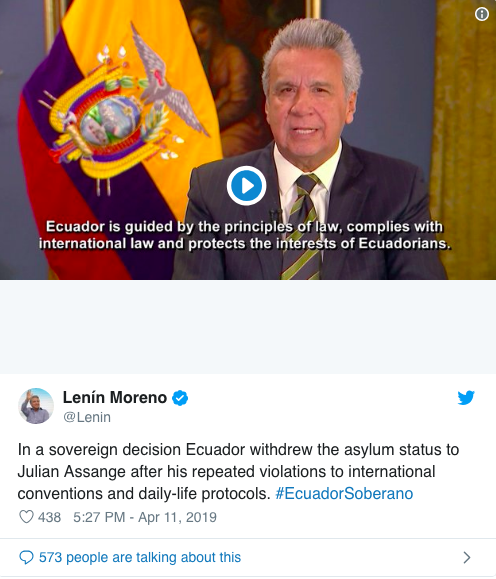 厄瓜多尔总统发表声明,解释为何取消对阿桑奇