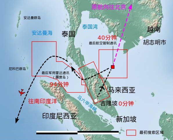 MH370失踪航班飞行轨迹监测图（维基百科）