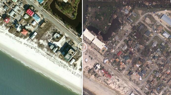 佛罗里达州一沿海景区飓风前后对比图 图自CNN