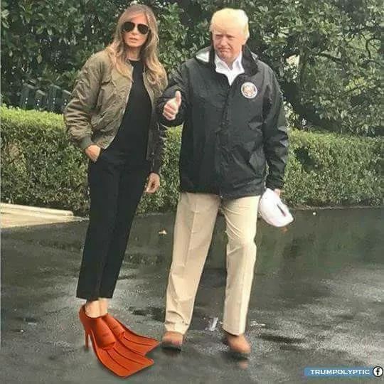 (观察者网注:最后一张照片拍于去年美国双台风时,梅拉尼娅穿着高跟鞋去救灾,被网民P成高跟潜水鞋)