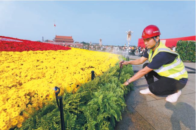 10月3日，在天安门广场“祝福祖国”大型花坛前，坚守在这里的园林工程师陈鹏举检查花坛保障设施的运行情况。本报记者 饶强摄