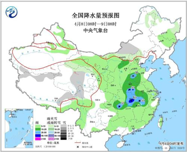 全国降水量预报图(4月8日08时-9日08时)