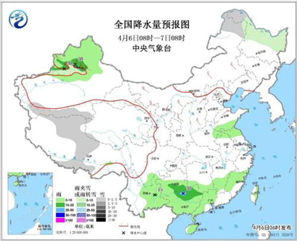 全国降水量预报图(4月6日08时-7日08时)
