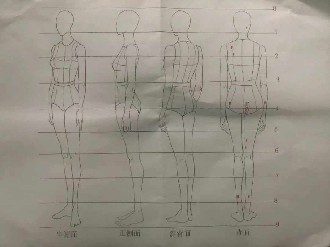 自绘人体图,红色标注的是目前看到的伤口。