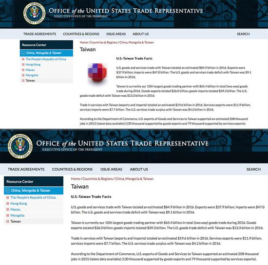 美国贸易代表署官网“青天白日满地红旗”图案消失。
