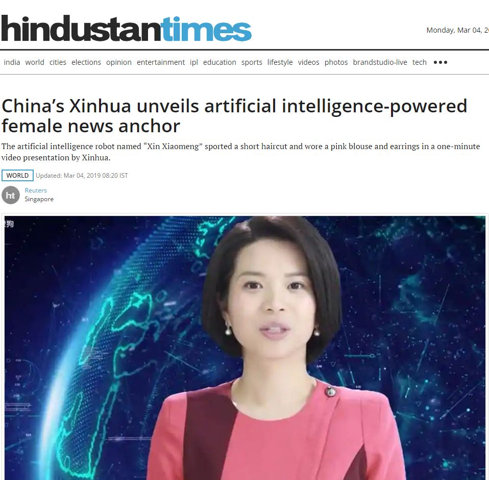 ▲中国新华社解开了人工智能女主播的面纱 (via Hindustan Times)