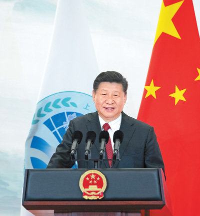 6月9日，国家主席习近平在青岛国际会议中心举行宴会，欢迎出席上海合作组织青岛峰会的外方领导人。这是习近平发表致辞。新华社记者 谢环驰摄