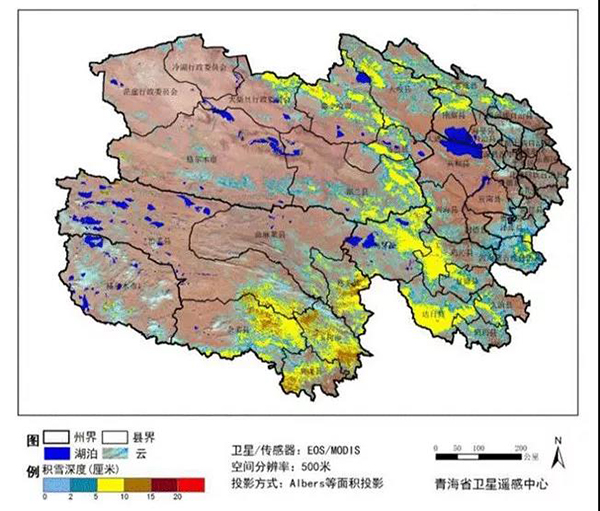 2月18日青海卫星遥感积雪深度实况图。