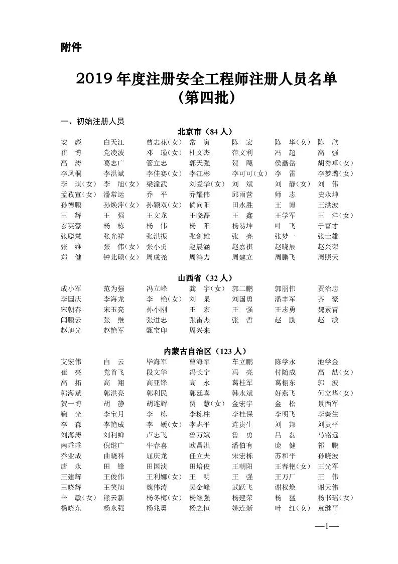 2019年度注册安全工程师注册人员名单第四批现已发布