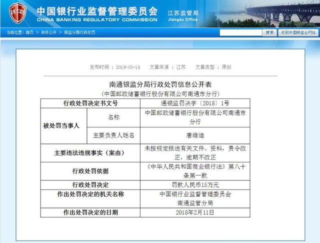 江苏银监局网站公布最新一批处罚名单 邮储银