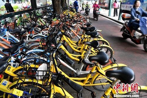 资料图:多个企业的共享单车扎堆停放在城市街头。中新社记者 张斌 摄